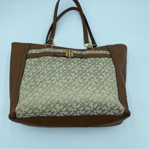 Tommy Hilfiger Large Tote Purse Handbag Gold Chain Accents-Brown - Picture 2 of 14